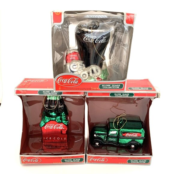 3 Coca-Cola Hand Blown Glass Ornaments Delivery Truck Cooler & Coke Glass Boxes - Picture 1 of 9